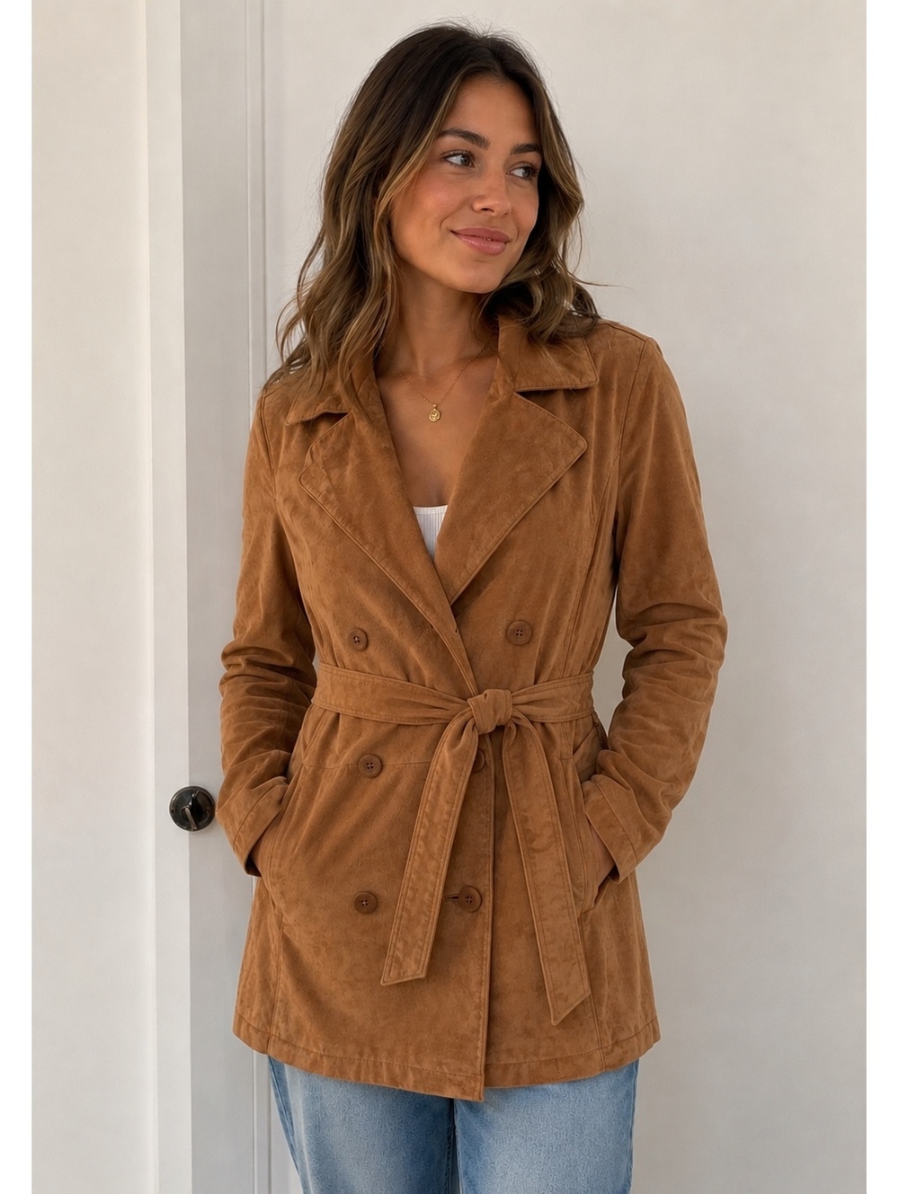 Vintage Lord & Taylor Brown Leather Suede Belted Double Breasted Jacket